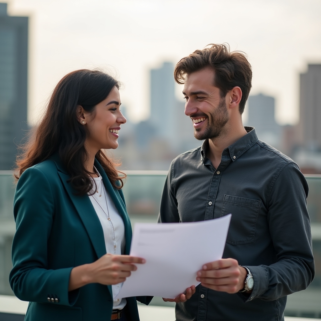 Due professionisti in discussione su documentazione di conformità in ufficio moderno
