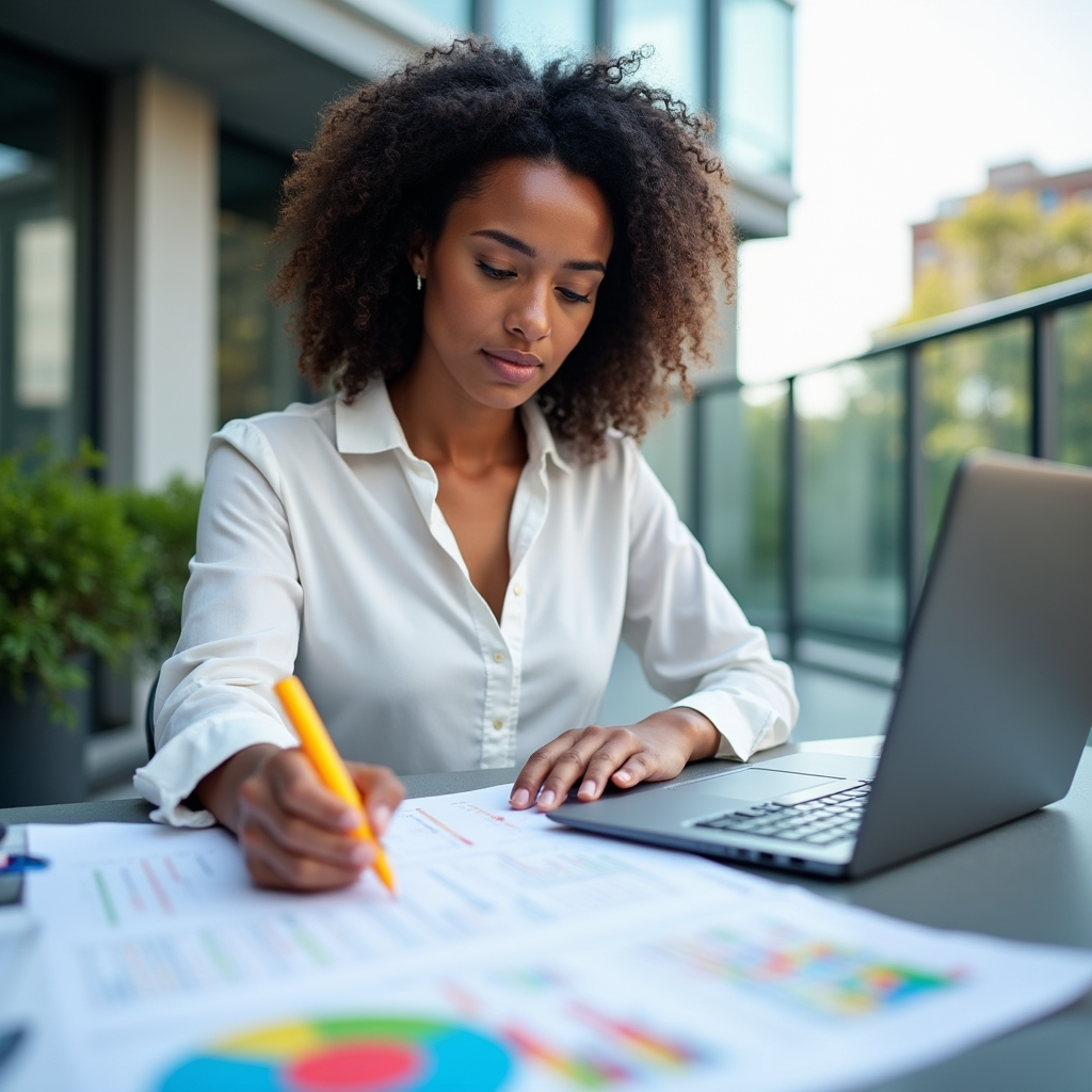 Professionista che analizza documenti di gap analysis su scrivania moderna