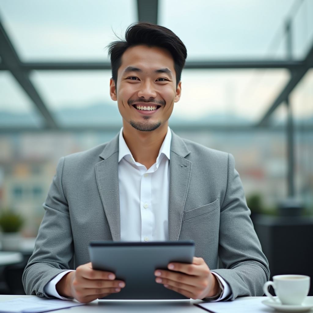 Consulente che esamina documentazione GDPR su tablet in ambiente professionale