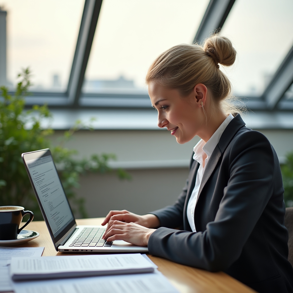 Professionista che crea policy documentale su computer in ambiente luminoso