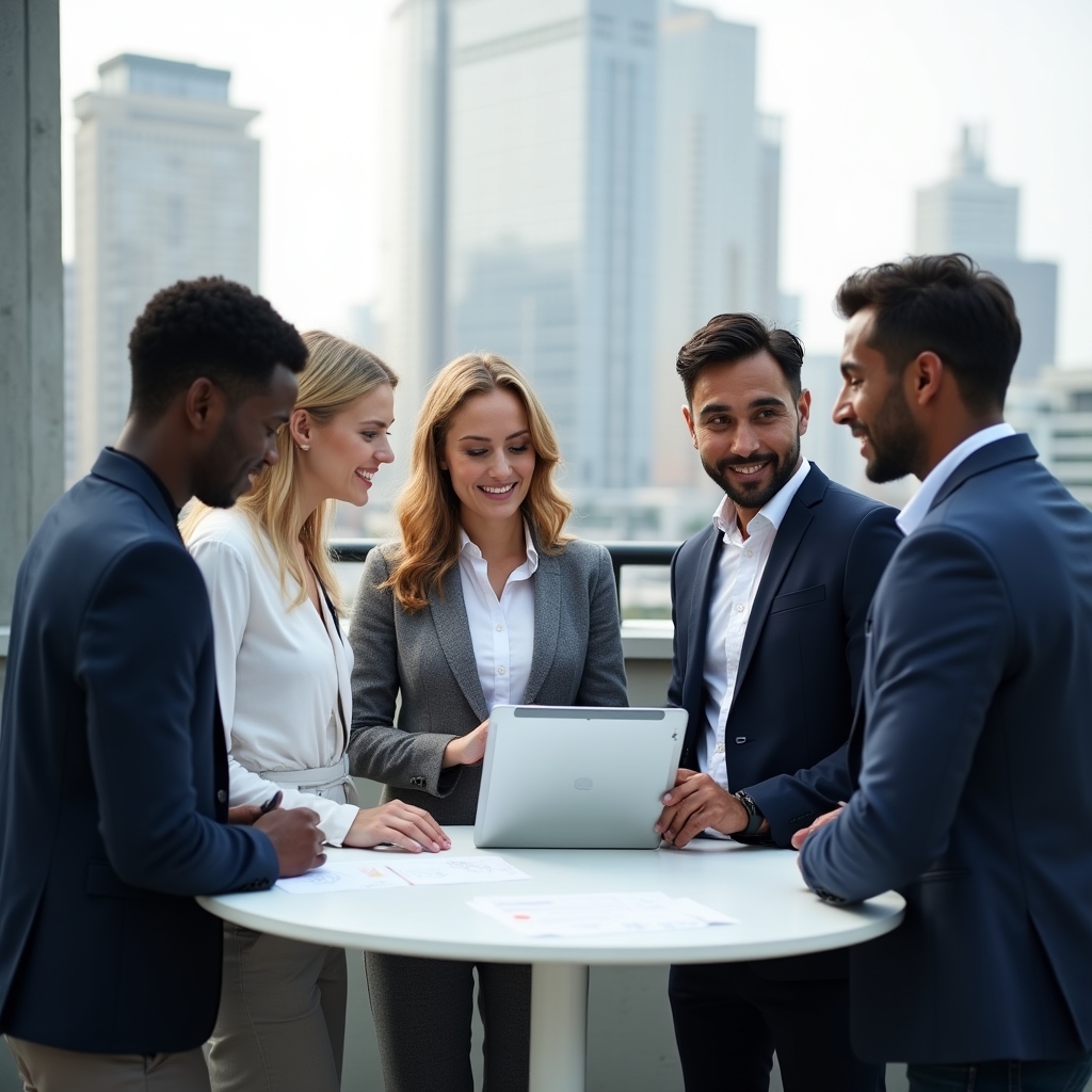 Gruppo di professionisti che discute sistema di gestione qualità in ufficio